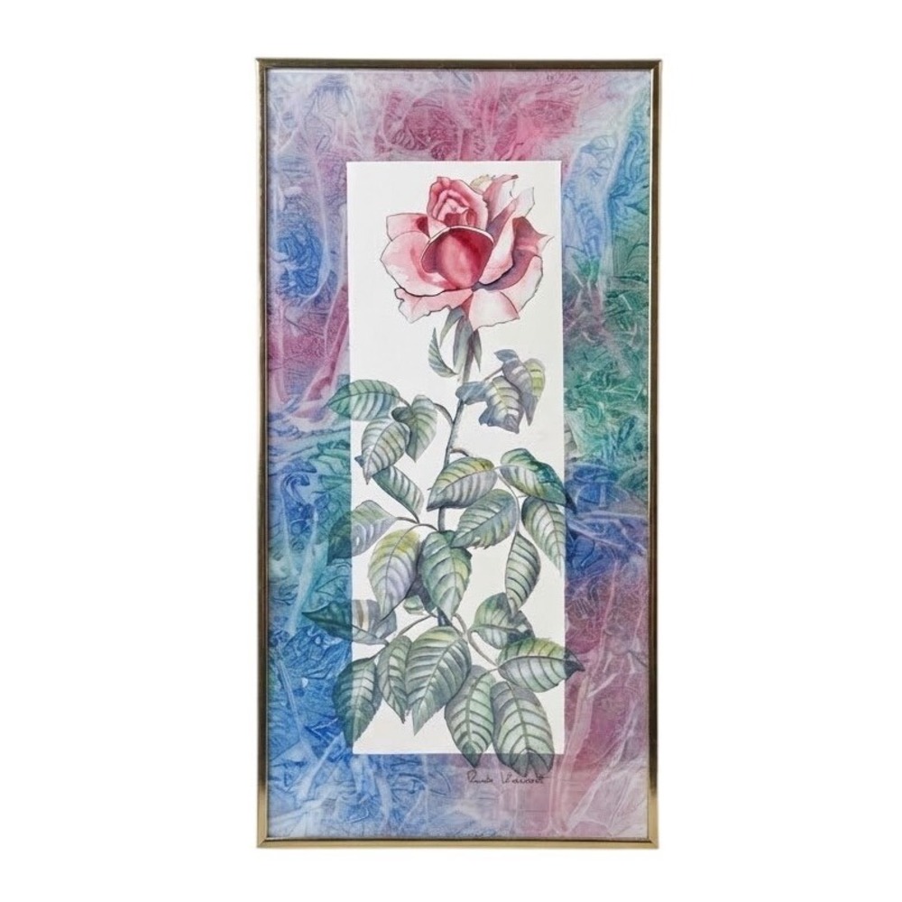 Original Watercolor Rose Painting Signed Framed Botanical Art 20 x 10 Vintage